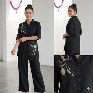 Tunique noire brodée pour femme avec manches longues, motif floral, coupe ample, ensemble décontracté toutes saisons - Product Image 4