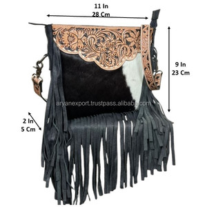 Nuevo 2025 diseñador occidental mano Tooled cuero flecos bandolera Natural cuero de vaca hecho a mano Boho vaquera hombro monedero bolsos - Product Image 2