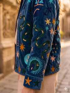 Veste en velours brodée motif symbolique, style bohème chic moderne, manteau ethnique artisanal pour festival - Product Image 5