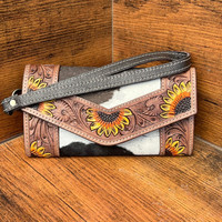 Dompet Kulit Asli Ukiran Tangan Model Western, Dompet Kulit Sapi Berbulu, Dompet Kulit Multifungsi, Dompet Kulit dengan Tali Pergelangan Tangan