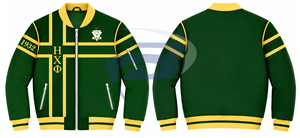 เสื้อแจ็คเก็ตวาร์ซิตี้สำหรับผู้หญิง Chi Eta Phi สีเหลือง ปักตัวอักษรกรีก ซิปด้านหน้า สไตล์ Preppy คอปกและปลายแขนเสื้อแบบ Letterman - Product Image 3