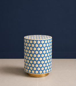 Tabouret géométrique en os incrusté, table d'appoint ronde, ottoman en bois pour salon, chambre, hôtel - Product Image 1