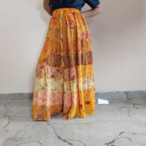 New Saree Silk Bohemian Patchwork Layer Skirt for Women Free Size Long Maxi Ankle-Length Pleated Breathable All Seasons In-Stock - Product Image 4