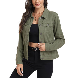 Streetwear Style Women's Olive Green Denim <b>Jacket</b> 100% Cotton Quick Dry Turn-Down Collar Button Closure Autumn Wear Denim <b>Jacket</b> - Product Image 2
