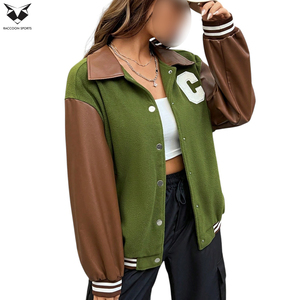Women’s Green Letterman Varsity Jacket With Contrast Leather Sleeves Front C Patch Design Casual Autumn Wear Regular Fit Jackets - Product Image 1