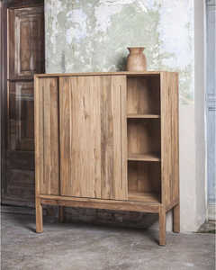 Armoire de rangement en teck massif minimaliste moderne, finition rustique naturelle, porte coulissante, écologique, durable, pour salon - Product Image 2