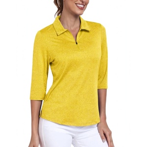 Womens <b>Yellow</b> Quarter Zip Golf <b>Polo</b> <b>Shirt</b> Three Quarter Sleeve Dry Fit Athletic Top Breathable Casual Sports Wear Outdoor - Product Image 1