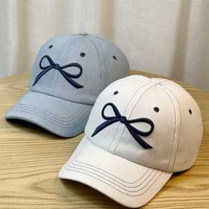 White Cotton Baseball Cap With <b>Navy</b> Bow Embroidery Adjustable For Women Spring Summer Fashion Casual <b>Hat</b> - Product Image 6