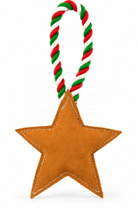 Jouet à mâcher pour chien en suède étoile de Noël, étoile en feutre marron avec motif flocon de neige et poignée en corde rouge, verte et blanche pour le jeu festif des animaux de compagnie - Product Image 2