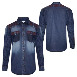 Chemise en jean pour homme à encolure contrastante, bleu foncé, style western, empiècements bordeaux aux épaules, manches longues, boutonnée, chemises décontractées haut de gamme - Product Image 3