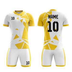 Ensemble de maillot de football géométrique blanc et jaune pour hommes, manches courtes, col en V, polyester sublimé anti-humidité - Product Image 2