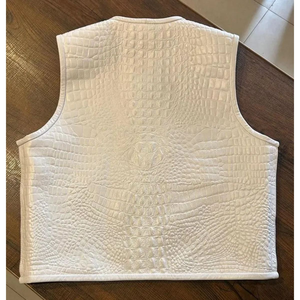 ELITE CRAFT INDUSTRY <b>Men's</b> <b>White</b> Genuine Leather Motorcycle <b>Vest</b> with Red Trim Stand Collar Zipper Closure Winter Outerwear - Product Image 2