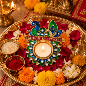 Diya en laiton avec motif paon et travail miroir Shubh Deepawali pour la décoration de la maison, la Puja, la décoration festive et les cadeaux, décoration traditionnelle - Product Image 5