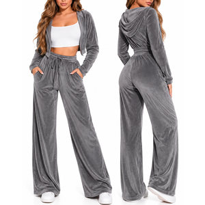 Ensemble de survêtement 2 pièces en velours noir pour femme, sweat à capuche zippé à manches longues et pantalon large, tenue décontractée - Product Image 2