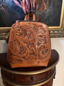 2026 New Stylish Hot Fashionable Hand Tooled Florals Carved 100% Genuine Leather Student Backpack Western Stylish Brown Backpack - Product Image 2