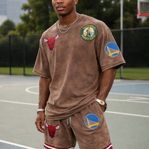 Ensemble coordonné de basketball oversize – Édition Street Performance pour homme en French Terry imprimé par transfert thermique, uni, délavé à l'acide, effet soleil éclairé - Product Image 1