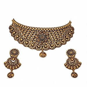 Parure de collier ras-du-cou de mariée antique en or massif 22 carats avec motif floral complexe en filigrane et boucles d'oreilles pendantes assorties - Product Image 1