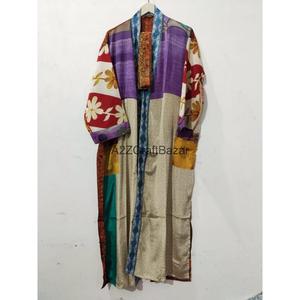 ชุดกิโมโนผ้าไหมญี่ปุ่นทำมือสุดหรูหราสไตล์วินเทจสำหรับผู้หญิง คอวี ปิดด้วยเชือกผูก แขนสามส่วน ยาวเต็มตัว เนื้อผ้านุ่ม - Product Image 3