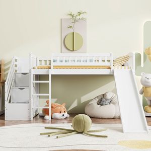 Letto a soppalco bianco singolo con due cassetti e scivolo per bambini (vecchio SKU LT000515AAK) - Product Image 2