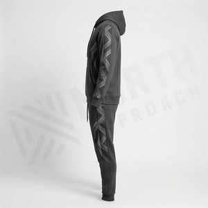 Men's Black Hooded <b>Tracksuit</b> Geometric Print Sporty Sweatshirt And Pants Set Full Length Drawstring Closure Breathable Polyester - Product Image 3