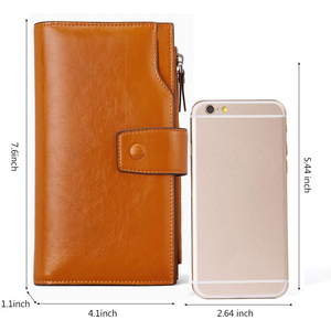 Genuine Leather Long <b>Wallet</b> Unisex Multifunctional Zipper Hasp Closure Minimalist Design <b>Brown</b> Color Daily Use - Product Image 2