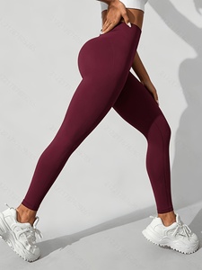Leggings Deportivos de Cintura Alta para Mujer, Color Borgoña, Efecto Push-Up, Largos, Sin Costuras, Color Sólido - Product Image 1