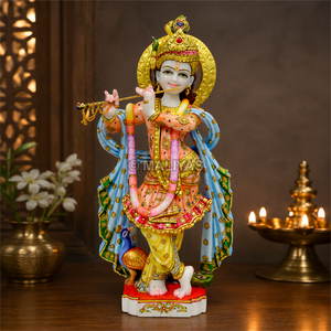 Marble Krishna Statue | Handcrafted White Marble Lord Krishna Murti | Flute Playing Krishna Idol | MALIYAS Jaipur India - Product Image 1