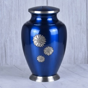 Handcrafted European Style Blue Solid <b>Cast</b> Brass Cremation Urn for Human Ashes Adult Funeral Memorial Silver Floral Design - Product Image 1