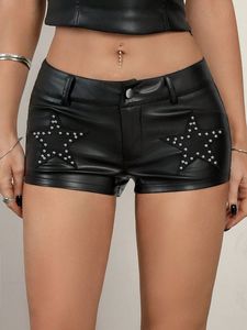 Shorts de Cuero con Tachuelas, Cintura Alta, Estilo Gótico, con Cordones Delanteros y Detalles de Remaches, Color Negro - Product Image 1