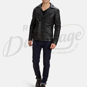 Veste de motard en cuir noir clouté de qualité supérieure pour homme, en peau de mouton véritable, style punk rock, coupe ajustée, manches matelassées - Product Image 5