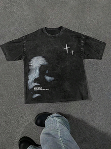 Men's Casual Acid <b>Wash</b> Vintage T-Shirts High Street Cotton Drop Shoulder with Custom O-neck Print Short Sleeves - Product Image 5
