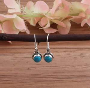 Sterling <b>Silver</b> Turquoise Drop <b>Earrings</b> Natural Blue Cabochon <b>Dangle</b> Boho Vintage Style Wedding Party Jewelry Gift for Women - Product Image 1