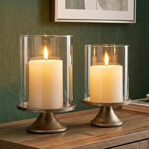 Ensemble de 2 bougeoirs Hurricane avec dôme en verre et base en fer, élégants bougeoirs décoratifs pour salon - Product Image 2