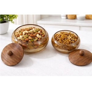 Bol de service en verre de qualité supérieure avec couvercle en bois, centre de table, bol à fruits secs, présentoir alimentaire pour table, au meilleur prix - Product Image 1