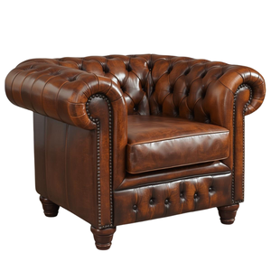 Fauteuil Chesterfield vintage en cuir marron avec capitonnage profond, fauteuil d'appoint classique à accoudoirs roulés pour salon ou bureau - Product Image 2