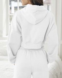 Women's <b>White</b> <b>2</b>-<b>Piece</b> Hooded Crop Top and Jogger <b>Set</b> Casual Loose Fit All Seasons Fleece Sweatshirt Pants Solid Color Sportswear - Product Image 3