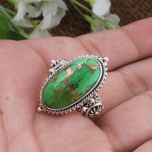 Anillo Solitario Clásico Boho Hecho a Mano de Plata de Ley 925 con Turquesa Verde Cobre en Engaste de Bisel, Certificado para Boda y Fiesta - Product Image 1