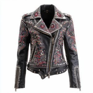 Chaqueta Safari de Cuero Sintético para Mujer Aussie Edge, Cortavientos de Invierno con Bordado Floral y Detalles de Cuentas, Cierre de Cremallera, Cuello Vuelto - Product Image 2