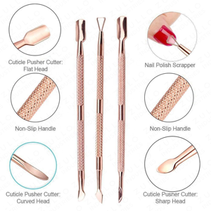 Ensemble d'outils à ongles en acier inoxydable rose doré de qualité supérieure, 3 pièces, pousse-cuticules double face pour manucure et pédicure professionnelles - Product Image 6