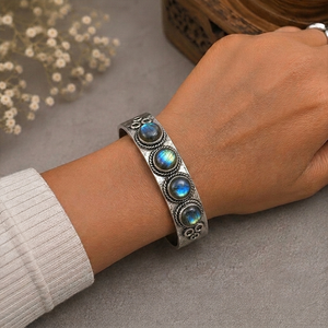 Jewelry Town JT-044 Natural Labradorite Oval Wide <b>Cuff</b> Bangle Gold/<b>Silver</b> Plated Brass Bezel Set Classic Western Style Unisex - Product Image 2