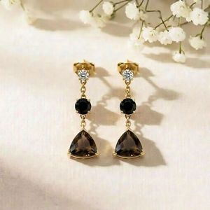 Premium Trillion Cut Smoky Quartz <b>Earrings</b> With Round Drop Dangle Handmade 925 Sterling Silver Elegant <b>Fine</b> Gemstone <b>Earrings</b> - Product Image 4