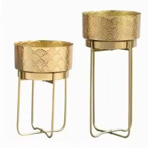 High Quality Gold Finished Metal Planter With Iron <b>Stand</b> Set Of 2 Perfect For Home Outdoor Garden Decorative Flower <b>Pots</b> - Product Image 1