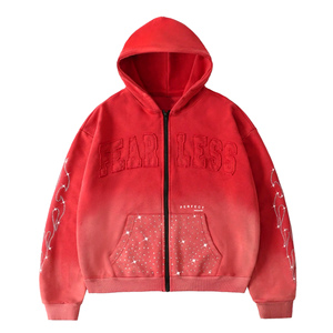 Sudadera con capucha para hombre, estilo vintage, con lavado ácido y parches de diamantes de imitación, 100% algodón, de gran gramaje, estilo urbano, diseño personalizado - Product Image 1