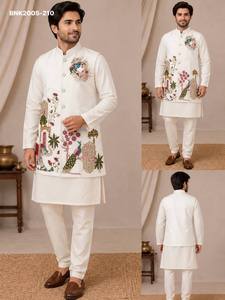 Premium Collection Malai Satin with Handwork & Embroidery Traditional Motif Nehru-Jacket & <b>Kurta</b>-Polo Pant Set Indian Exporter - Product Image 6