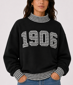   Pull molletonné surdimensionné à col roulé pour femme, motif gingham et pois, avec logo personnalisé, épaules tombantes, vente en gros OEM - Product Image 2