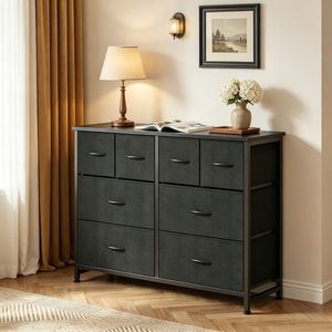 Torre portaoggetti in tessuto a 8 cassetti con struttura in metallo e piano in legno, organizer nero per camera da letto e soggiorno - Product Image 1