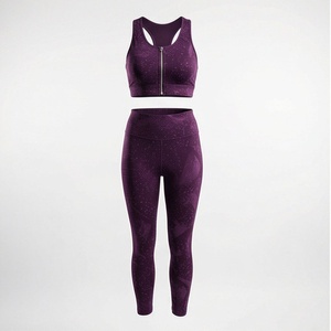 Women Purple Zip Front Racerback Sports Bra High Waist Full Length <b>Leggings</b> Yoga 2 Piece Set - Product Image 1