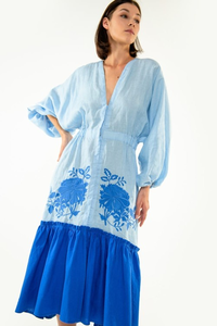 Women Cotton Embroidered <b>Boho</b> <b>Dress</b> Blue Floral V Neck Puff Sleeve Tiered Casual <b>Summer</b> Midi <b>Dress</b> - Product Image 5