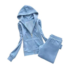 Active Jogging Women's Velvet Slim Fit Blank Hooded Tracksuit Full Front Zipper Hoodie Survetement Velour Plain Blank Sweat Suit - Product Image 2