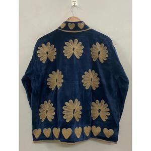 Hand Embroidered Velvet Knitted Cotton <b>Jacket</b> <b>Women</b> Mandarin Collar Full Sleeve Floral Pattern Open Front Prairie Winter/<b>Spring</b> - Product Image 5